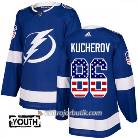 Barn Ishockey Tampa Bay Lightning Tröja Nikita Kucherov 86 Adidas 2017-2018 Blå USA Flag Fashion Authentic